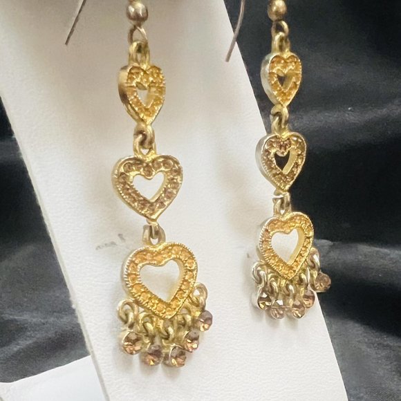 VINTAGE YELLOW RHINESTONE HEART DROP DANGLE & ORANGE RHINESTONE EARRINGS - Picture 2 of 5
